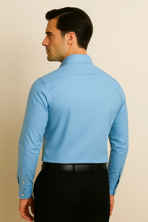 Back view of the Ocean Breeze Blue Shirt showing clean tailoring and smooth fit
