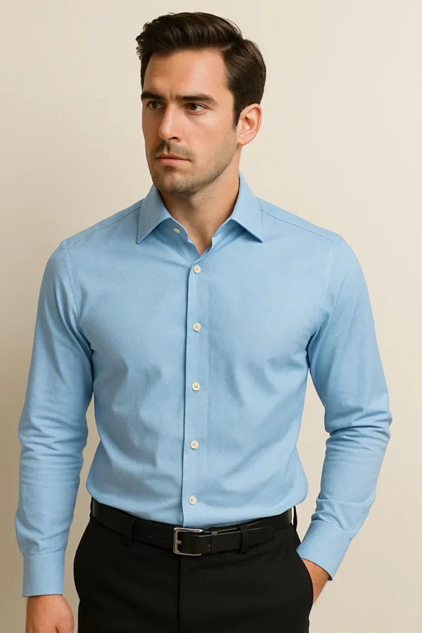 Front view of a man wearing the Ocean Breeze Blue Shirt – slim-fit, button-down style