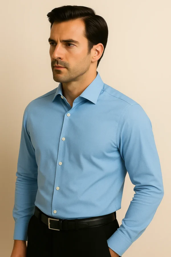 Left profile view of Ocean Breeze Blue Shirt – showcasing sleeve and side stitching