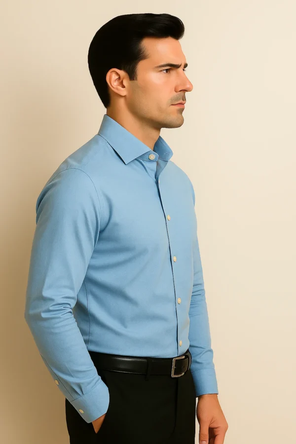 Right profile view of Ocean Breeze Blue Shirt – modern fit with buttoned cuffs