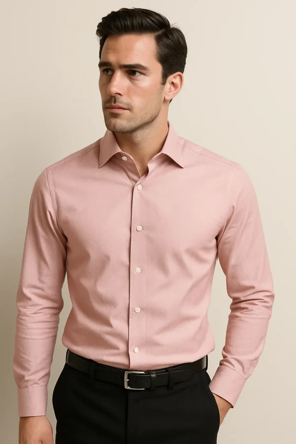 Pale Pink Rosewood Shirt – Front view highlighting button-down design and slim fit elegance