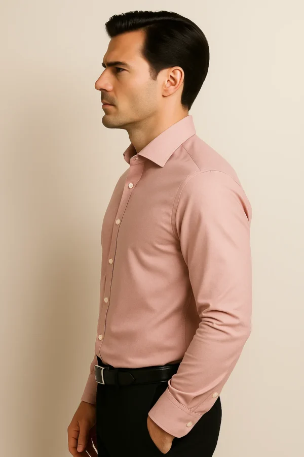 Pale Pink Rosewood Shirt – Side profile left view showing structure and comfortable sleeve fit