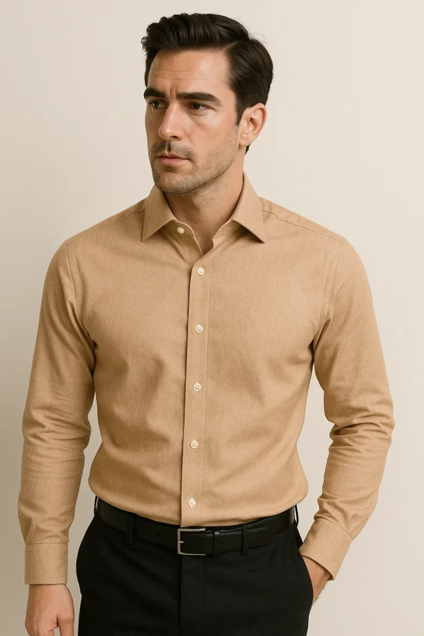 A man wearing the Sunkissed Dune Shirt in front view, showcasing its tailored slim-fit design and warm beige tone.