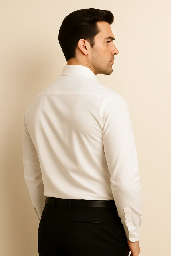 Back view of slim-fit Timeless Purity White Shirt – tailored men’s dress shirt showcasing clean seams and smooth finish.