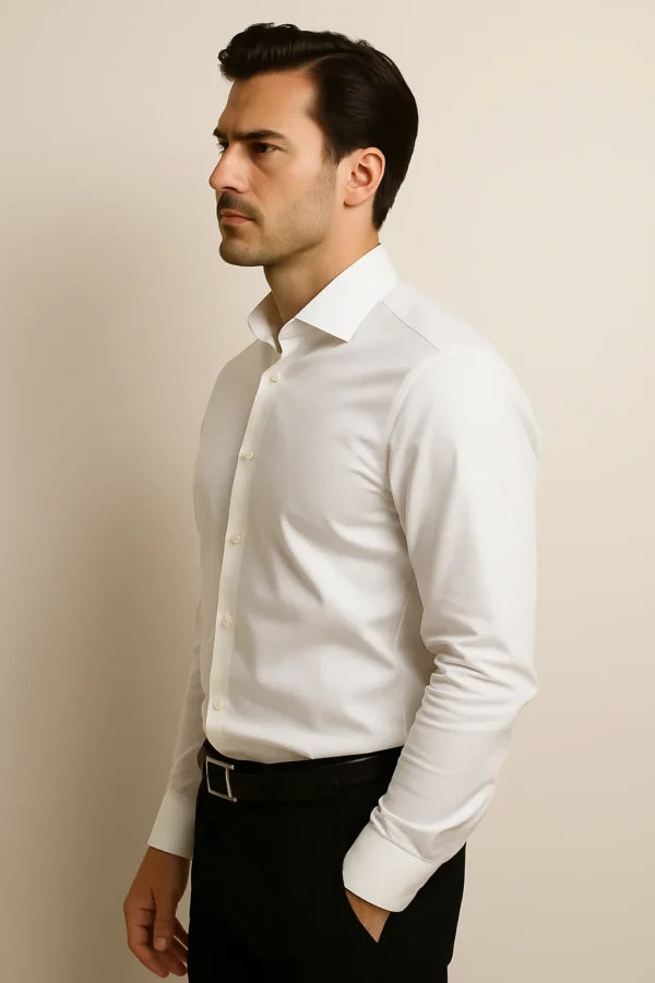 Side view of man wearing Timeless Purity White Shirt – elegant slim-fit men’s shirt styled for formal and casual occasions.