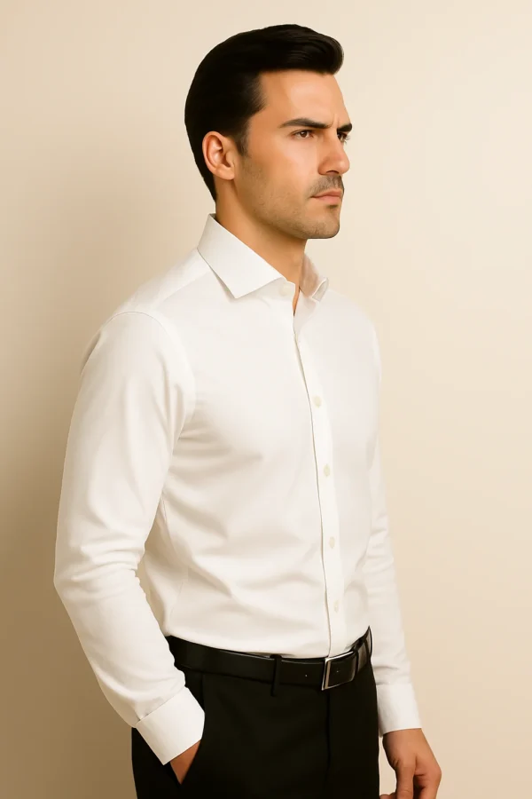 Right side profile of man in Timeless Purity White Shirt – classic long-sleeve men’s formal shirt with sleek silhouette.